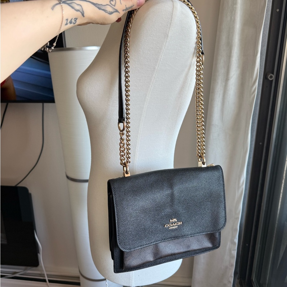 Coach Black Leather Crossbody with Gold Chain Strap - Picture 4 of 13